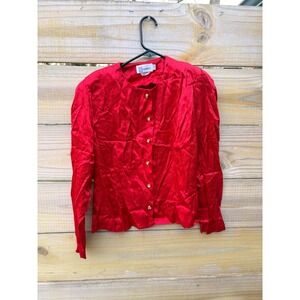 Vintage Prophecy Red Satin Blouse Rhinestone Button Shoulder Pads 80s Size 8